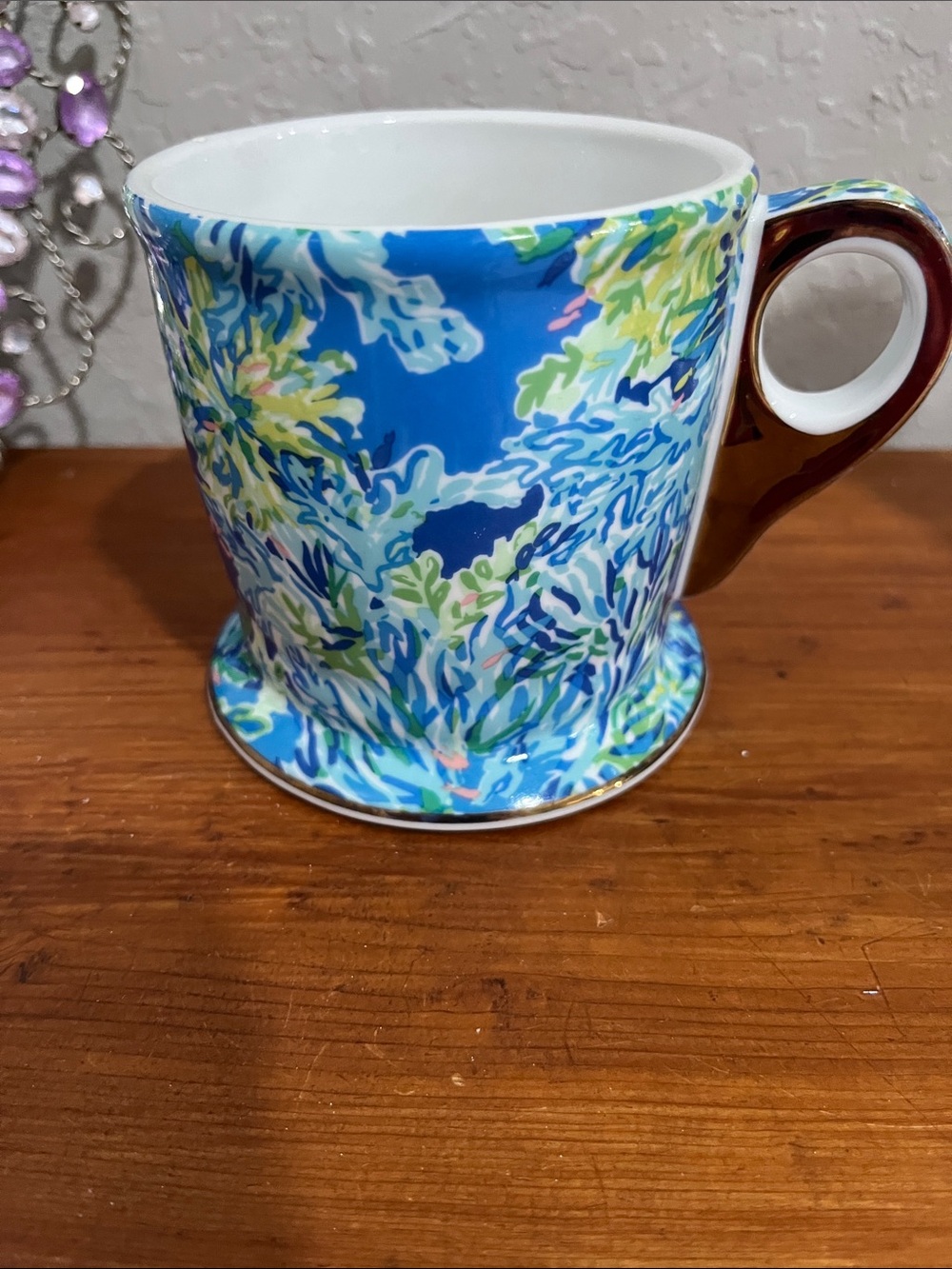 Lilly Pulitzer Blue Floral Ceramic Mug with Brown Handle